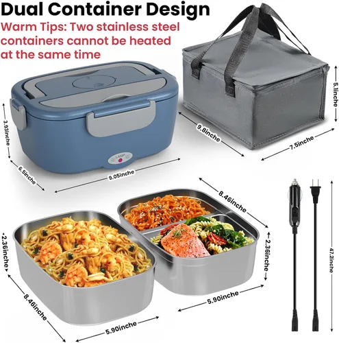 Miniatura 6 de Sitlais Lonchera eléctrica para adultos, calentador de alimentos portátil de calentamiento rápido con 2 recipientes de acero inoxidable 304 de 53
