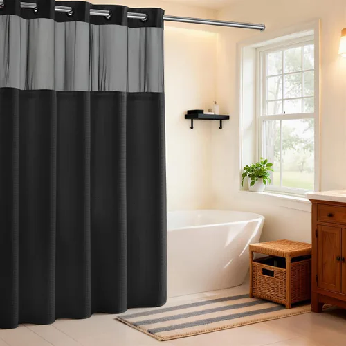 Cortina de ducha River Dream negra con tejido tipo gofre punteado sin ganchos con forro a presión - 71 ancho x 74 alto, de calidad hotelera, juego