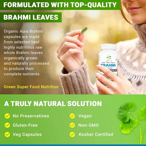 Miniatura 5 de Organic Aura Cápsulas Brahmi -120 unidades. Fortalece y aumenta naturalmente la inmunidad y la memoria. Superalimento verde entero. Sin OMG, sin