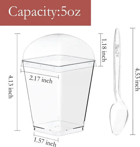 Miniatura 3 de Hiasobre Paquete de 100 vasos de postre de plástico transparente de 5 onzas con tapas y cucharas, tazas cuadradas reutilizables para aperitivos