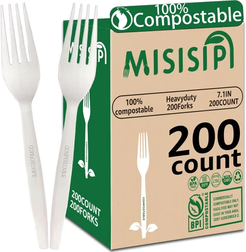 Miniatura 13 de MISISIPI [7.1 pulgadas, 100 piezas] Tenedores y cucharas 100% compostables, tenedores y cucharas biodegradables, resistentes, sin plástico, tenedor