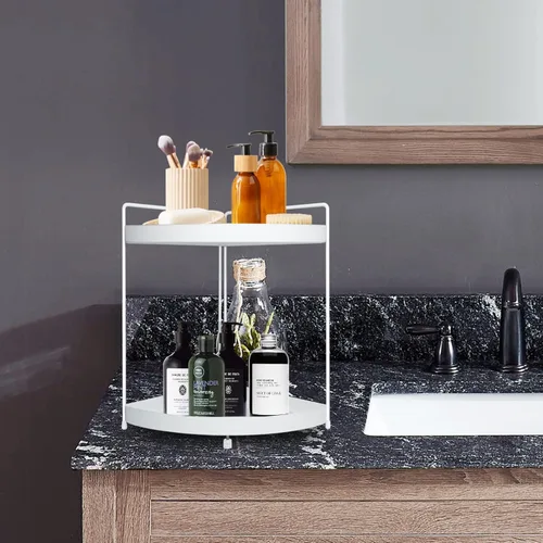 Miniatura 5 de Estante esquinero de 2 niveles para encimera de cocina, gabinete de baño, organizador de maquillaje, cosméticos, organización y almacenamiento Blanco