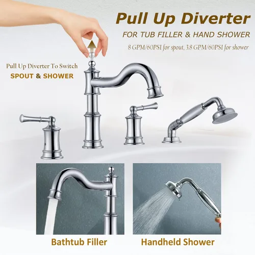 Miniatura 3 de Juego de grifo de bañera romano con ducha de mano de 4 orificios montaje en cubierta, llenador de bañera con desviador, válvula de instalación