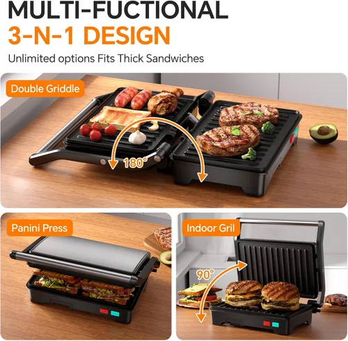 Miniatura 4 de Panini - Parrilla de prensa, sandwichera de 1000 W con placas revestidas antiadherentes, abre 180 grados para cualquier tamaño de alimentos