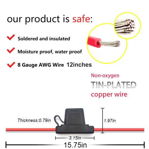 Miniatura 2 de VANTRONIK Portafusibles en línea impermeable Maxi con cable de calibre 8 AWG de 15.8 pulgadas de largo, apto para fusibles de hoja grande de hasta