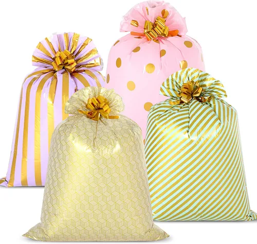 Miniatura 10 de Fulmoon 4 bolsas de regalo jumbo de 48 pulgadas, bolsas doradas extra grandes con flores de extracción, regalo gigante de plástico de gran