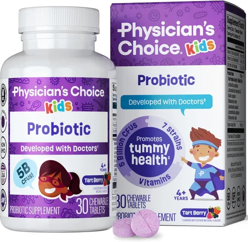 Physician's CHOICE Probióticos para niños – 7 cepas diversas, prebióticos orgánicos, vitaminas y minerales – Clínicamente estudiado L. Rhamnosus GG