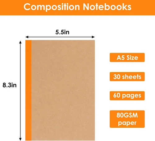 Miniatura 2 de LABUK 5 cuadernos de composición A5, cuadernos forrados de papel kraft a granel, 5 colores y 60 páginas para diario, escritura, escuela, oficina