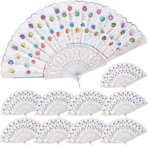 Miniatura 10 de QIRMIZI Paquete de 10 ventiladores plegables de tela, perfectos para bodas, fiestas y bailes, color rosa oscuro