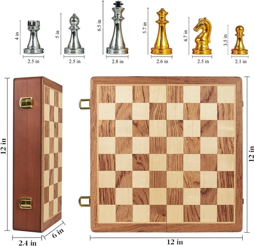 Miniatura 4 de BIVOMON Juego de ajedrez de metal para adultos y niños, tablero de ajedrez de madera plegable de 12 pulgadas con piezas de ajedrez de metal, juego