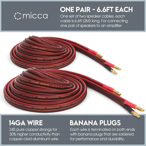 Miniatura 2 de Micca - Juego de cables de altavoz de cobre puro calibre 14, 6.6 pies cada uno (2 metros), paquete de 2 pares, conectores de clavija banana chapados