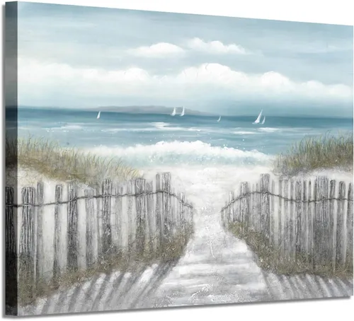 Miniatura 11 de Lienzo decorativo para pared, camino de playa: camino de arena con pintura de valla a la costa, impresiones artísticas para baño