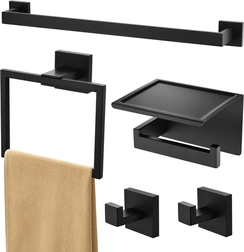 Toalleros para baño, color negro, 5 piezas de 16 pulgadas, accesorios de accesorios de baño, montaje en pared, incluye barra de toalla de mano,