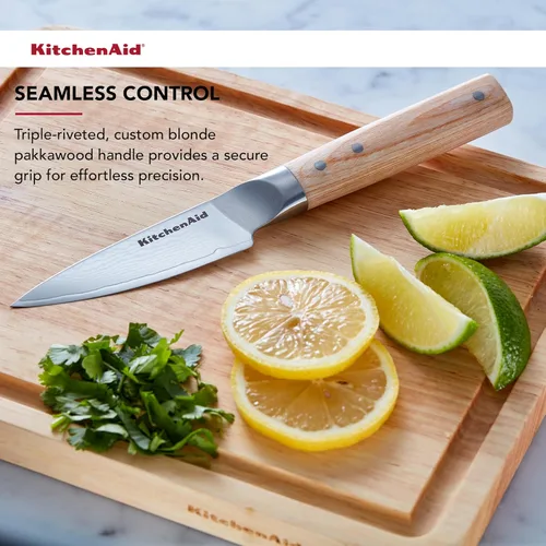 Miniatura 5 de KitchenAid Cuchillo de pelar forjado de 3.5 pulgadas de alta calidad, hoja de acero de damasco AUS-10, mango de madera de Pakka con triple remache