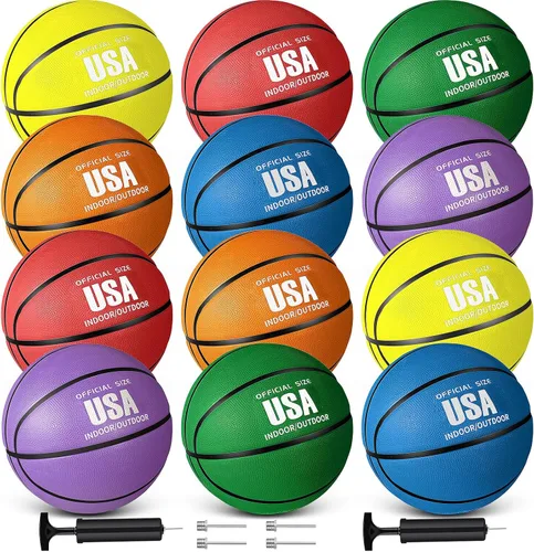 Libima 12 piezas de balones de baloncesto de goma, tamaño oficial, grupo al por mayor, balones de baloncesto multicolores de calle con bomba, juego