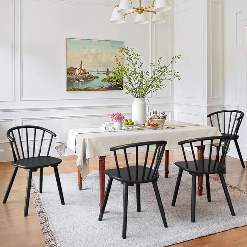 LUE BONA Juego de 4 Sillas de Comedor Negras, Sillas de Comedor de Madera Estilo Granja con Respaldo Semicircular, Silla de Comedor de Husillo para