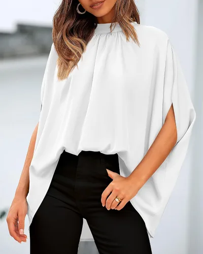 Miniatura 157 de BTFBM Blusas de verano para mujer, cuello alto falso, manga murciélago, holgadas, dobladillo alto y bajo, blusas informales de gran