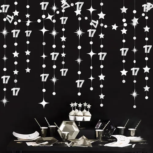 Miniatura 7 de Decoraciones negras de cumpleaños número 17, guirnalda de estrellas y círculos, telón de fondo para niñas y niños, vítores a 17 años de edad
