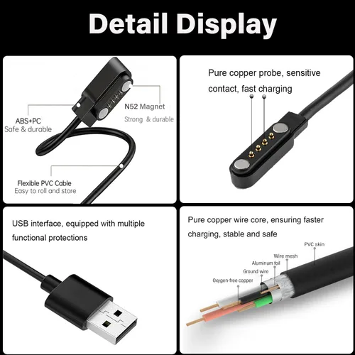 Miniatura 4 de Paquete de 2 cables de carga magnéticos de 4 pines para Sedzofan Y16B Kids Smart Watch Charger Cable de carga USB