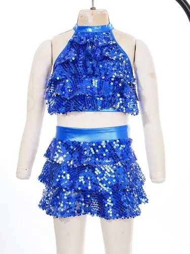 Miniatura 52 de JEATHA Top corto con borlas y lentejuelas brillantes para niñas, con minifalda, jazz latino, salsa, samba, rumba, baile