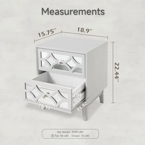 Miniatura 2 de COZAYH Moderna mesita de noche de 2 cajones con parte delantera espejada, elegante mesita de noche con patrón geométrico para dormitorio, gris claro