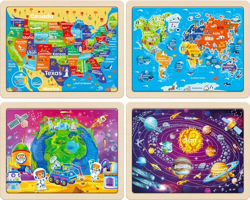 Miniatura 2 de SYNARRY Rompecabezas de madera grandes del sistema solar de la Tierra del mundo de los Estados Unidos para niños, caja de regalo