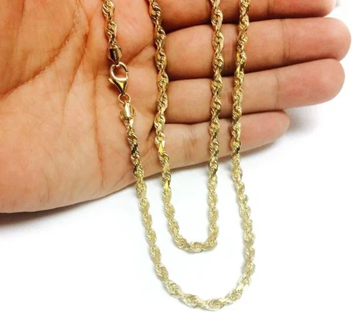 Miniatura 4 de 10K SOLID Yellow Gold 1.25mm-5.00mm Thick Shiny Diamond-Cut Mens Solid Rope Chain Necklace for Pendants and Charms and Bracelet with Lobster-Claw