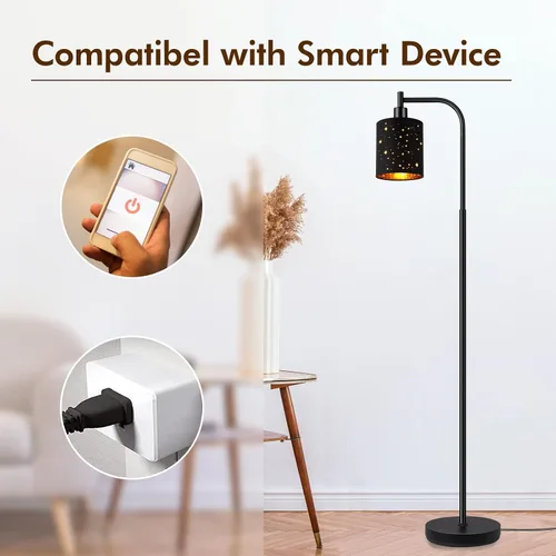 Miniatura 8 de Lámpara de pie industrial gótica con pantalla cortada láser estrellada, lámpara de pie de metal negro de 67 pulgadas con bombilla LED de 6 W