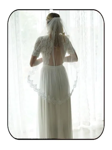 Unsutuo Velo de novia con apliques de encaje, velo de novia de 1 nivel, velo corto de tul con peine para mujeres y niñas (L 31.5 pulgadas, ancho 59
