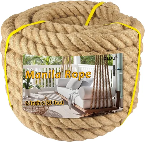 Cuerda de Manila de 2 pulgadas x 50 pies, cuerda de cáñamo gruesa de 4 hebras trenzadas, cáñamo natural para manualidades de servicio pesado