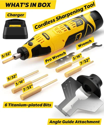 Miniatura 3 de EzzDoo Kit Afilador de Motosierra Eléctrico Inalámbrico - Herramienta Portátil de Afilado de Cadena de Motosierra de 12V con 6 Brocas de Diamante