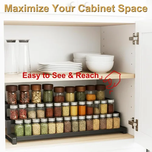 Miniatura 3 de Organizador de especias de 3 niveles para gabinete, organizador de cocina expandible de 14.4 a 26.1 pulgadas, organizador de condimentos y despensa