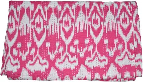 Miniatura 3 de Manta Kantha de algodón con estampado de Ikat a mano, tamaño individual, color rosa