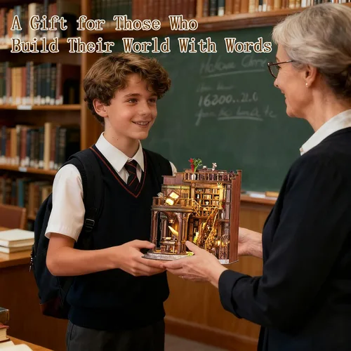 Miniatura 7 de OZJAY Kit de rincón de libros, rompecabezas de madera 3D para adultos, decoración de casa pequeña, kits de manualidades para familiares amigos