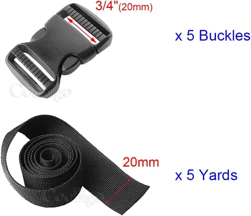 Miniatura 4 de CooBigo Paquete de 5 Hebillas de liberación lateral de 3/4" ajustables dobles, 4.5 m de correa de nailon de 3/4" de PP para camping al aire libre