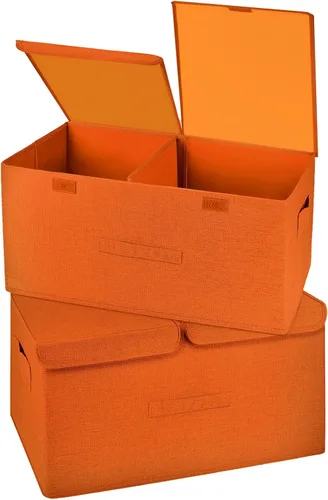 Miniatura 8 de Paquete de 2 Cajas de Almacenamiento Grandes con Tapas y Asas, Contenedores Organizadores Cestas Cubos de Almacenamiento de Lino Plegables con Crema