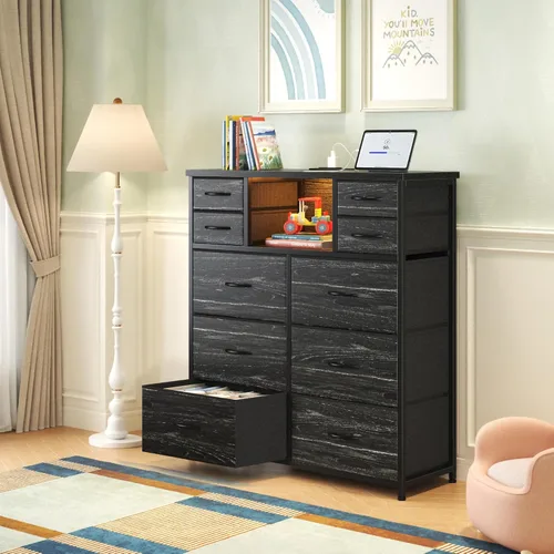 Miniatura 7 de Romorgniz - Cómoda para dormitorio con 10 cajones con luz LED y toma de corriente, cómodas de tela y cómoda con estantes abiertos para pasillo, sala