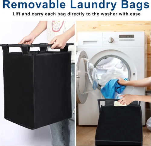 Miniatura 6 de Whitmor Organizador de ropa sucia, cesta de lavandería de 92 litros con estante y 2 bolsas extraíbles, 2 x 12.1 galones (46 litros), 28.8 x 13 x
