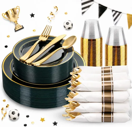Miniatura 29 de 350 piezas de platos de plástico negro y dorado con cubiertos desechables, incluye 50 platos de cena de 9 pulgadas, 50 platos de postre de 6.3