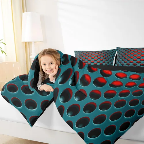 Miniatura 6 de Juego de edredón de nido de abeja, juego de ropa de cama geométrico verde y rojo, tamaño individual, juego de edredón reversible negro con colmena