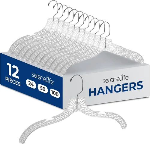 SereneLife 12 Pack de Perchas de Plástico Transparente, Cristal Claro, Antideslizantes con Hombros con Muescas, Ultradelgadas para Ahorrar Espacio,