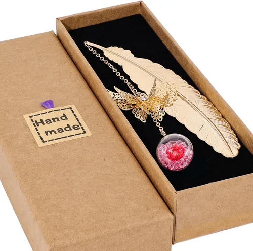 Miniatura 12 de Toirxarn Marcapáginas de Pluma Dorada para Mujeres con Colgante de Mariposa y Caja de Regalo – Ideal para Amantes de los Libros, Bibliotecarios