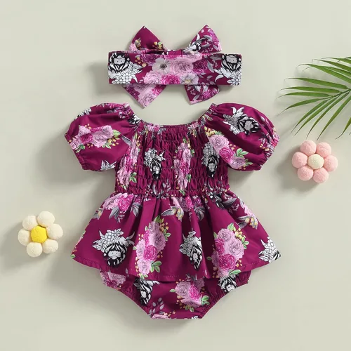 Miniatura 2 de Mameluco de verano para bebé, vestido de verano, camisola de lino y algodón, con diadema, sin mangas, estampado, conjunto de 2 piezas