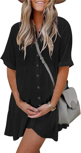 PYGFEMR Vestido tipo baby doll para mujer para abotonar, con manga corta y bolsillos