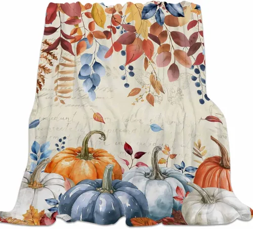 Manta de franela de eucalipto, manta de franela de calabaza con hojas y acuarela, acogedora, suave y cálida, manta decorativa de otoño para sofá,