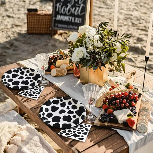 Miniatura 3 de 100 Piezas Suministros de Fiesta de Cumpleaños con Estampado de Vaca, Incluye 50 Piezas Platos de Vaca y 50 Piezas Servilletas de Vaca, Suministros