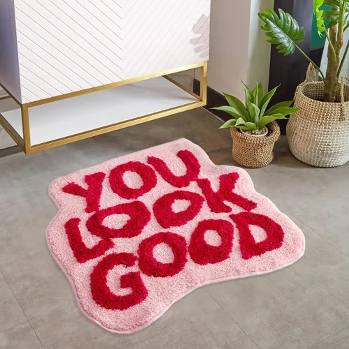 Miniatura 15 de Alfombra de baño negra con texto en inglés "You Look Good", alfombra de baño divertida, bonita, antideslizante, de microfibra, de felpa, pequeña