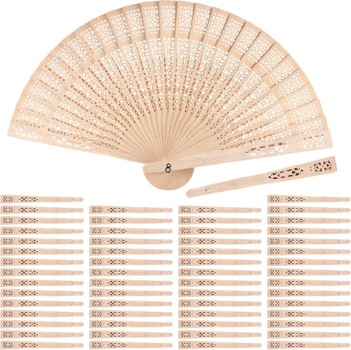 JAPCHET Paquete de 60 ventiladores de sándalo de 8 pulgadas, ventilador plegable de mano de madera vintage, ventiladores de mano tallados huecos