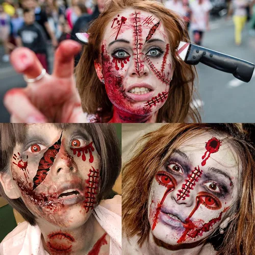 Miniatura 3 de VANTATY Juego de 215 piezas de 30 hojas de tatuajes de cicatrices falsas 3D, kit de maquillaje temporal de Halloween, puntadas falsas, tatuajes