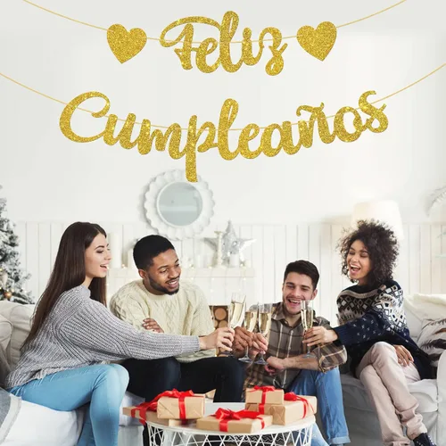 Miniatura 4 de WeBenison Cartel de Feliz Cumpleaños con temática de fiesta de feliz cumpleaños/decoraciones de fiesta de cumpleaños en español, purpurina dorada